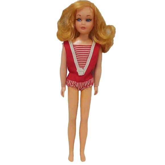 Skipper Barbie Doll 1969 Mattel Strawberry Blonde HAIR EYELASHES Red Swimsuit - Picture 1 of 15